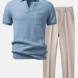 Waffle Johnny Collar Polo with Pocket & Slim Fit Tapered Trousers Set