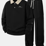 Letter Print Contrast Polo Sweatshirt & Pleated Pintuck Sweatpants Set