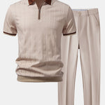 Contrast Trim Textured Zipper Knit Polo & Tapered Trousers Set