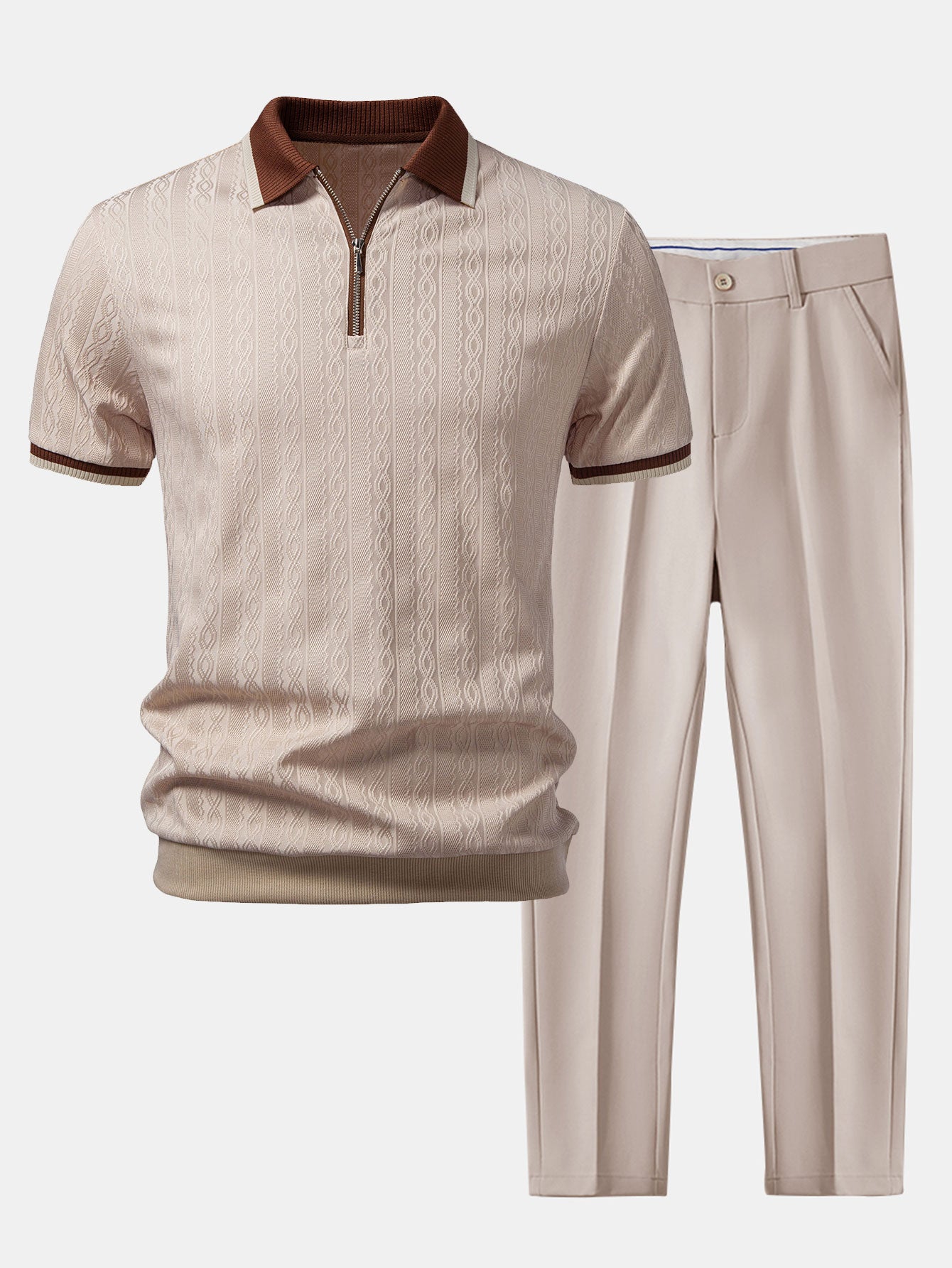 Contrast Trim Textured Zipper Knit Polo & Tapered Trousers Set