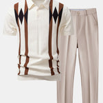 Stripe Geometric Jacquard Knitted Polo Shirt & Tapered Trousers Set