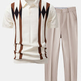 Stripe Geometric Jacquard Knitted Polo Shirt & Tapered Trousers Set