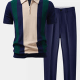 Textured Color Block Knit Polo & Slim Fit Tapered Trousers Set
