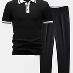Contrast Trim Knit Polo Shirt & Slim Fit Tapered Trousers Set