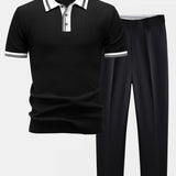 Contrast Trim Knit Polo Shirt & Slim Fit Tapered Trousers Set