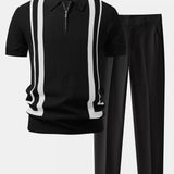 Contrast Waffle Zipper Knit Polo & Slim Fit Tapered Trousers Set