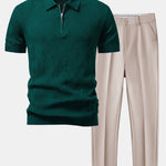Rhombus Textured Zip Up Knitted Polo Shirt & Tapered Trousers Set