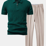 Rhombus Textured Zip Up Knitted Polo Shirt & Tapered Trousers Set