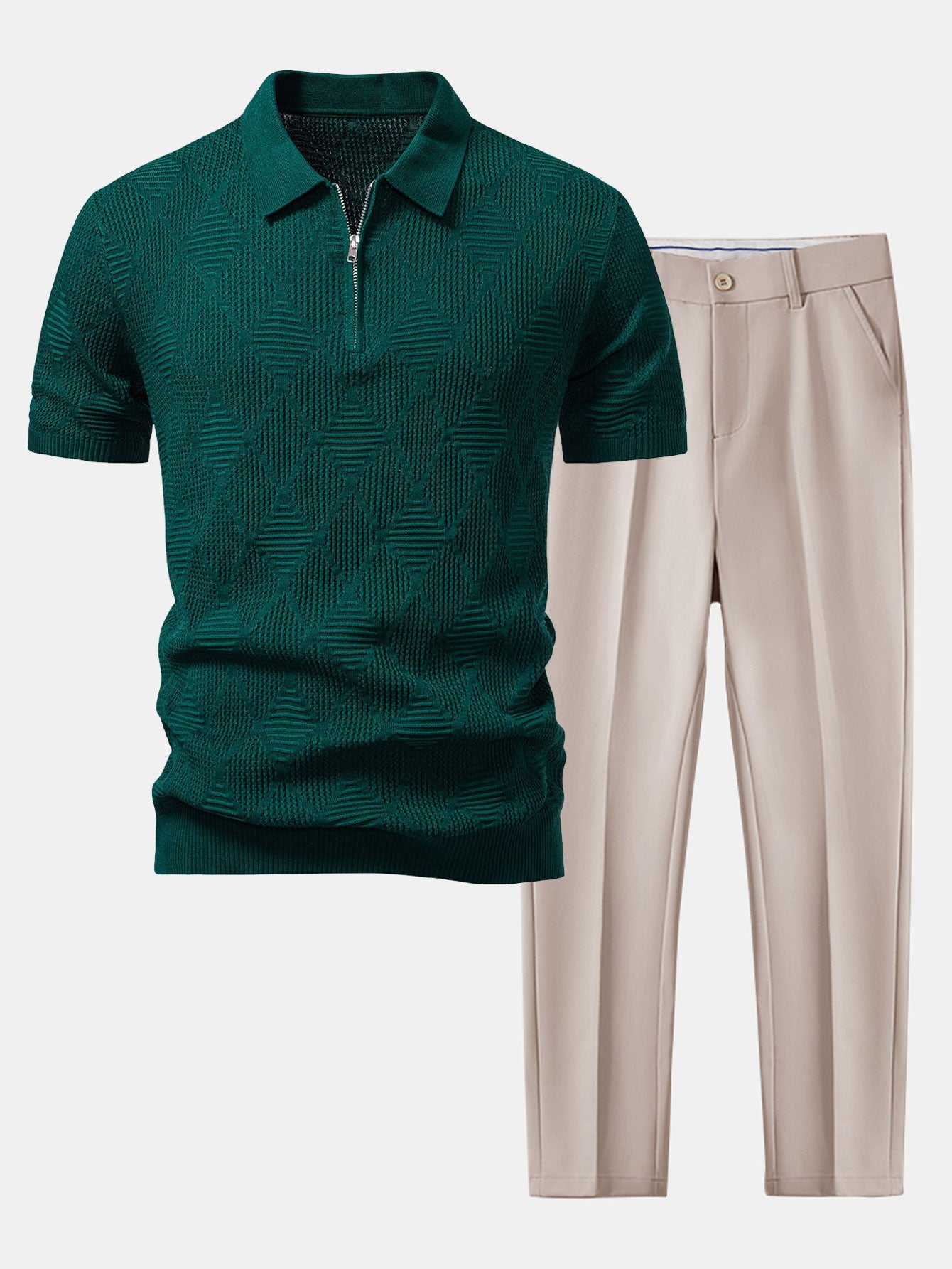 Rhombus Textured Zip Up Knitted Polo Shirt & Tapered Trousers Set