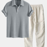 Short Sleeved Waffle Polo & Straight Leg Linen Pants Set