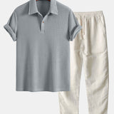 Short Sleeved Waffle Polo & Straight Leg Linen Pants Set