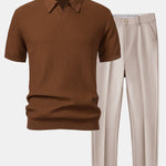 Wave Jacquard Knit V Neck Polo Shirt & Slim Fit Tapered Trousers Set