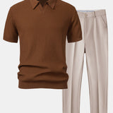 Wave Jacquard Knit V Neck Polo Shirt & Slim Fit Tapered Trousers Set