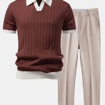 Contrast Trim Stripe Johnny Collar Polo & Tapered Trousers Set