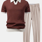 Contrast Trim Stripe Johnny Collar Polo & Tapered Trousers Set