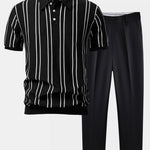 Striped Knitted Polo Shirt & Slim Fit Tapered Trousers Set