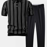 Striped Knitted Polo Shirt & Slim Fit Tapered Trousers Set
