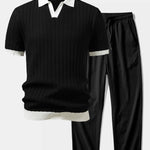 Contrast Textured Johnny Collar Knit Polo & Crinkle Textured Pants Set