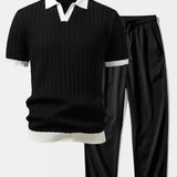 Contrast Textured Johnny Collar Knit Polo & Crinkle Textured Pants Set
