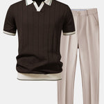 Contrast Trim Ribbed Johnny Collar Knit Polo & Tapered Trousers Set