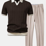 Contrast Trim Ribbed Johnny Collar Knit Polo & Tapered Trousers Set