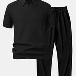 Wave Jacquard Knit V Neck Polo Shirt & Straight Leg Ribbed Pants Set