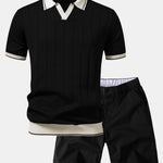 Contrast Trim Ribbed Johnny Collar Knit Polo & Chino Shorts Set