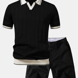 Contrast Trim Ribbed Johnny Collar Knit Polo & Chino Shorts Set