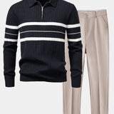 Stripe Zip Knit Ribbed Polo Shirt & Slim Fit Tapered Trousers Set