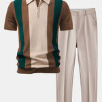 Textured Color Block Knit Polo & Slim Fit Tapered Trousers Set