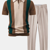 Textured Color Block Knit Polo & Slim Fit Tapered Trousers Set