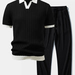 Contrast Textured Johnny Collar Knit Polo & Drawstring Knitted Waffle Pants Set