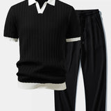 Contrast Textured Johnny Collar Knit Polo & Drawstring Knitted Waffle Pants Set