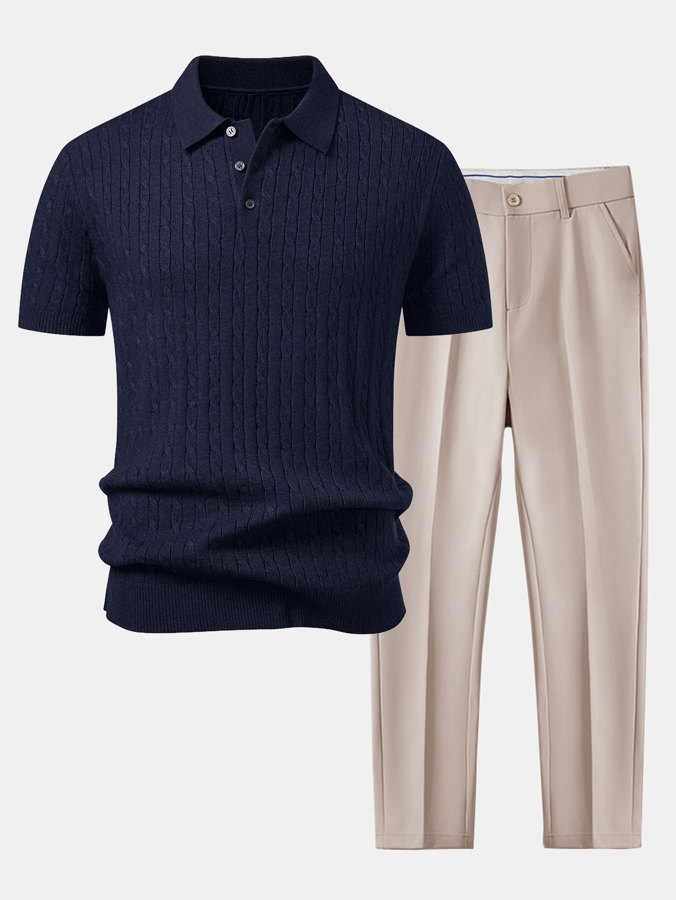 Twisted Jacquard Knit Polo & Slim Fit Tapered Trousers Set