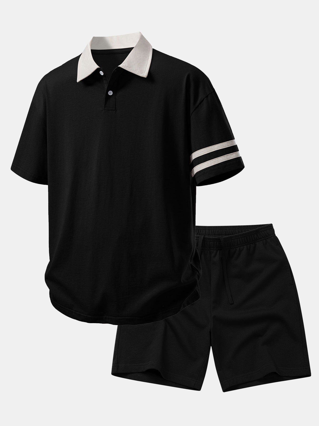 Relax Fit Contrast Collar Polo Shirt & Cotton Drawstring 7" Shorts Set