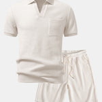 Waffle Johnny Collar Polo with Pocket & Drawstring Knitted Waffle Shorts Set