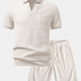Waffle Johnny Collar Polo with Pocket & Drawstring Knitted Waffle Shorts Set