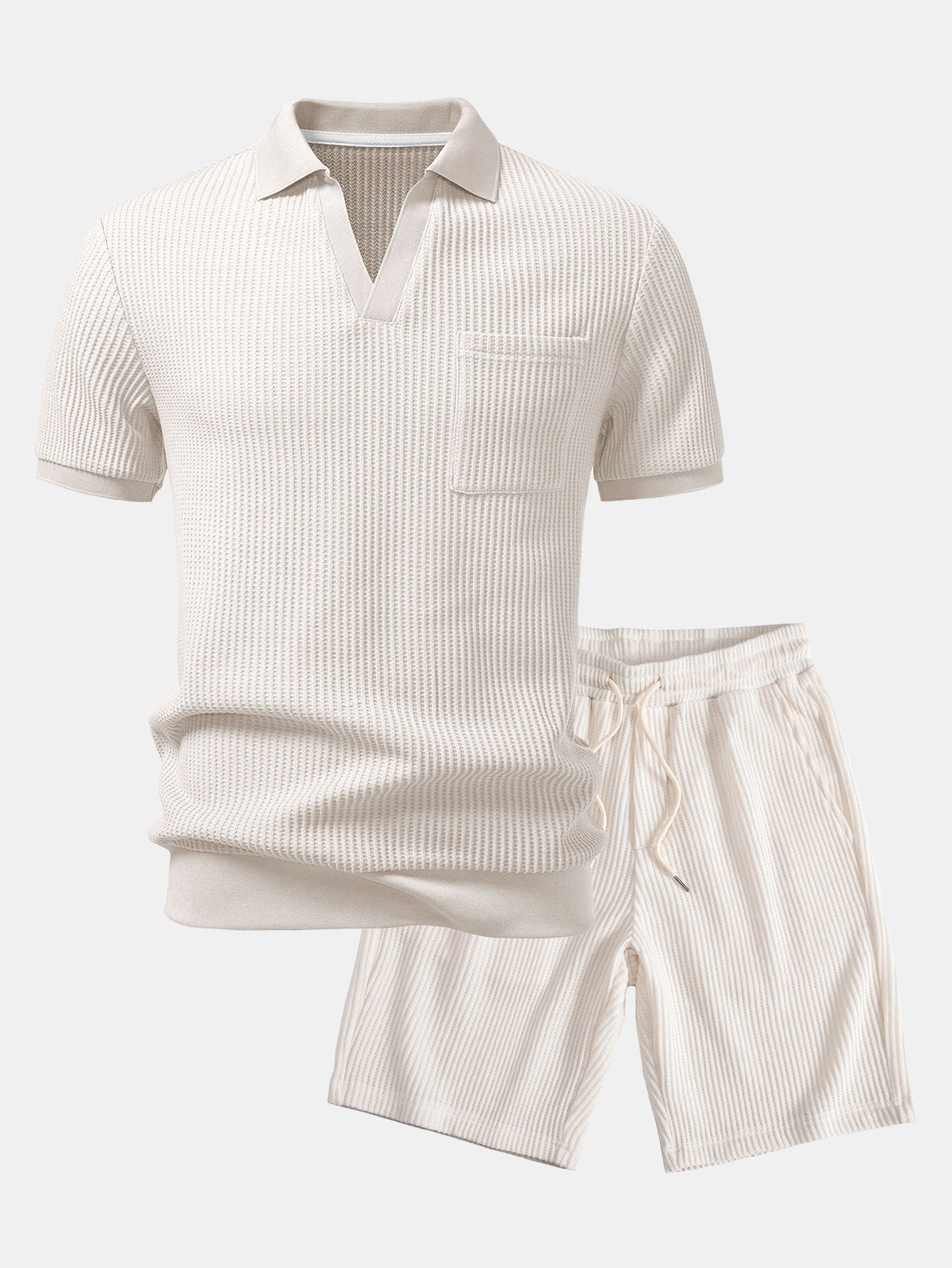 Waffle Johnny Collar Polo with Pocket & Drawstring Knitted Waffle Shorts Set