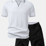 Geometric Jacquard Johnny Collar Polo & Elastic Waist Chino Shorts Set