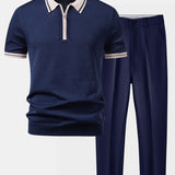 Contrast Trim Zipper Knit Polo & Slim Fit Tapered Trousers Set