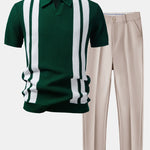 Stripe Johnny Collar Knit Polo & Slim Fit Tapered Trousers Set