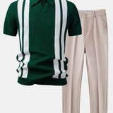 Stripe Johnny Collar Knit Polo & Slim Fit Tapered Trousers Set