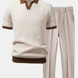Contrast Textured Johnny Collar Knit Polo & Tapered Trousers Set