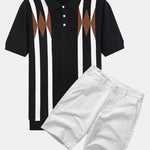 Stripe Geometric Jacquard Knitted Polo Shirt & Cotton Chino Shorts Set