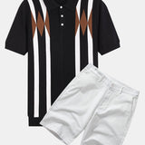Stripe Geometric Jacquard Knitted Polo Shirt & Cotton Chino Shorts Set