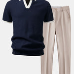 Contrast Knit Waffle Johnny Collar Polo & Tapered Trousers Set