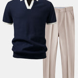 Contrast Knit Waffle Johnny Collar Polo & Tapered Trousers Set