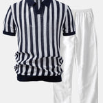 Stripe Johnny Collar Open Knit Polo & Straight Leg Linen Pants Set