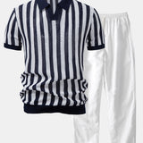 Stripe Johnny Collar Open Knit Polo & Straight Leg Linen Pants Set