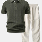 Linen Stripe Open Knit Polo & Straight Leg Linen Pants Set